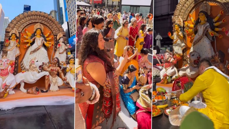 Durga Puja 2024 Special: First-Ever Durga Puja Celebrations For the NRIs Take Place at New York City's Times Square (Watch Viral Video)