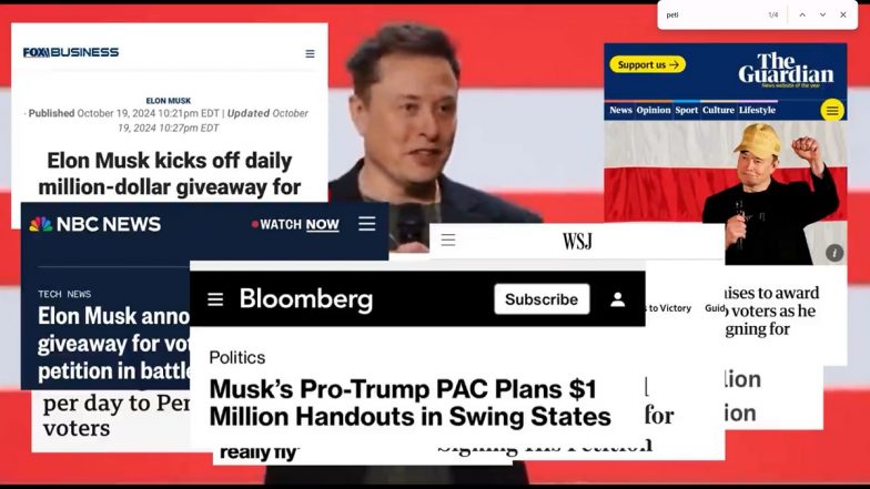Elon Musk Reportedly Tricked Mainstream Media To Cover His Pennsylvania Petition by Announcing USD 1 Million Prize, but Increased Risk of His Assassination