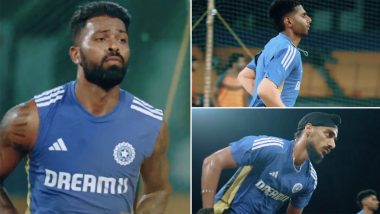 Hardik Pandya, Mayank Yadav, Arshdeep Singh and Other Indian Cricket Team Players Bowl in Nets Ahead of IND vs BAN 1st T20I 2024 (Watch Video)