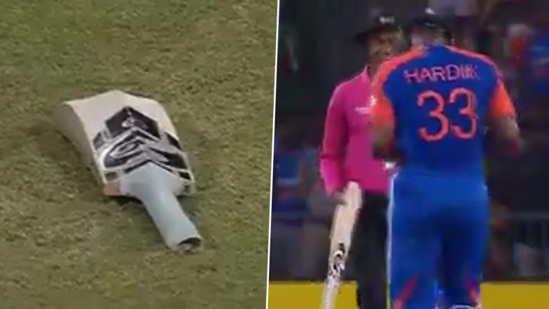 Hardik Pandya Showcases Brute Power, Loses Bat and Still Manages to Hit a Four Against Taskin Ahmed During IND vs BAN 1st T20I 2024 (Watch Video)