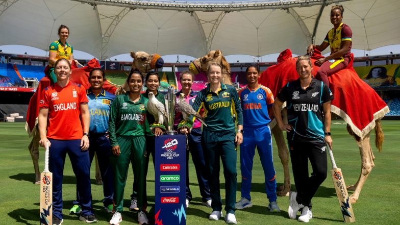 ICC Women's T20 World Cup 2024: Team Captains Pose with Trophy Along with Camels and Falcons Ahead of Women's Twenty20 WC in UAE