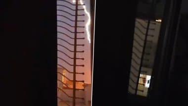 Lightning Strike on Ambernath Building Caught on Camera Amid Heavy Rains and Thunderstorms in Thane, Terrifying Video Surfaces