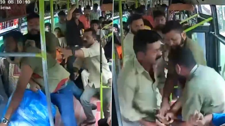 Brawl Caught on Camera in Mangaluru: Bus Driver Thrashes Conductor Of Another Bus, Attempts To Stab Him With Screwdriver in Front of Horrified Passengers; Video Surfaces