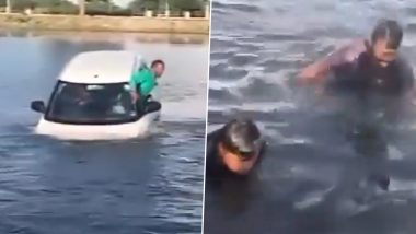 Driving Lesson Goes Wrong in Telangana: Car Plunges Into Pond After Trainee Driver Hits Accelerator Instead of Break in Jangaon, Locals Rescue Occupants (Watch Video)