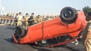 Noida Road Accident: Narrow Escape For 2 Students After Car Overturns on NTPC Elevated Road, Video Surfaces