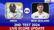 NZ 198/5 at Stumps (Lead by 301 Runs) | India vs New Zealand Highlights of 2nd Test 2024 Day 2: Washington Sundar Strikes Again, Accounts for Tom Latham