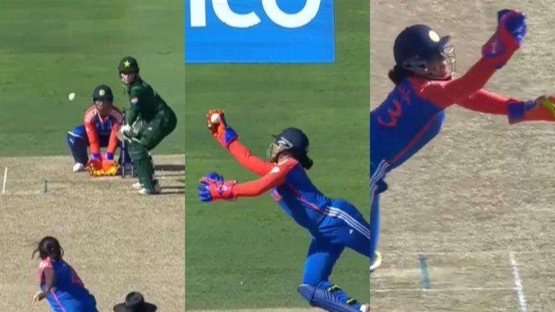 Richa Ghosh Takes a Stunning Diving Catch With One Hand To Dismiss Fatima Sana off Asha Sobhana's Bowling During IND-W vs PAK-W ICC Women’s T20 World Cup 2024 Match (Watch Video)