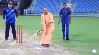 Uttar Pradesh CM Yogi Adityanath Tries Hands at Cricket at Ekana Stadium in Lucknow (Watch Video)