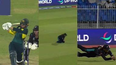 Amelia Kerr Takes a Stunning Diving Catch To Dismiss Phoebe Litchfield During AUS-W vs NZ-W ICC Women’s T20 World Cup 2024 Match (Watch Video)