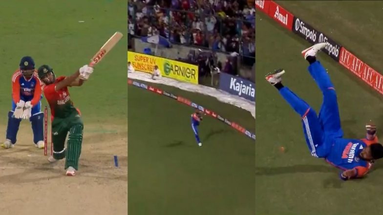 Hardik Pandya Takes Splendid Running Catch by Making Full Stretch Dive To Dismiss Rishad Hossain During IND vs BAN 2nd T20I 2024 (Watch Video)