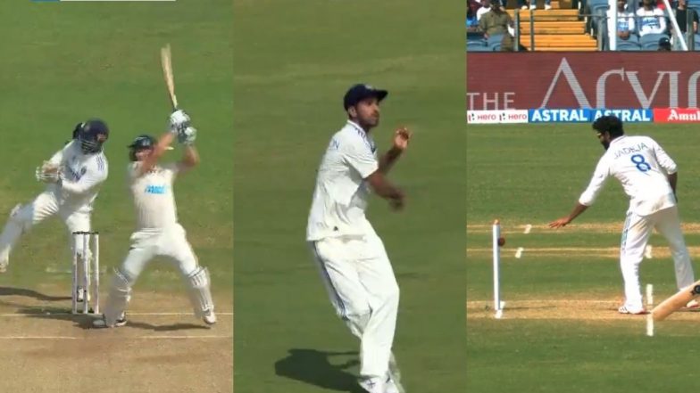 Ravindra Jadeja Shows Brilliant Presence of Mind As He Dismisses William ORourke With 'Smart Deflection' Towards Stumps During IND vs NZ 2nd Test 2024 (Watch Video)