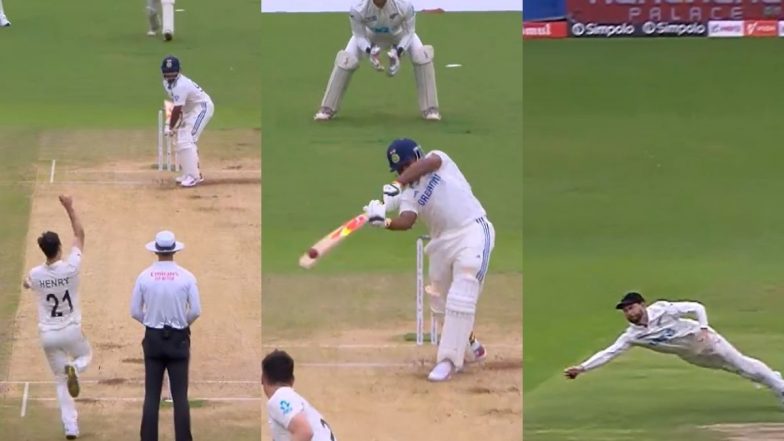 Devon Conway Takes Stunning One-Handed Diving Catch To Dismiss Sarfaraz Khan During IND vs NZ 1st Test 2024 (Watch Video)