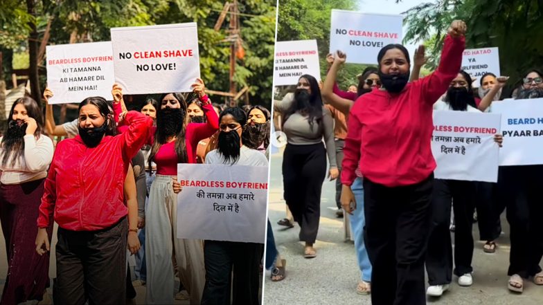 ‘No Clean Shave, No Love!’ Indore Women Take Out Unusual Rally Against Bearded Men, Demand Clean-Shaven Look by Sporting Beard Wigs During Protest, Pics and Videos Go Viral