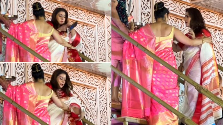 Kajol Accidentally Drops Her Phone While Descending Stairs at Mumbai's Durga Puja Pandal; Video Goes Viral - WATCH