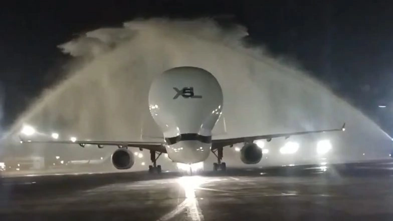 Airbus Beluga XL in Kolkata: NSCBI Airport Welcomes Biggest Airbus Beluga Series Aircraft 'Beluga XL' With Water Salute (Watch Video)