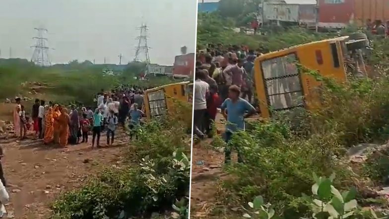 Kota Road Accident: School Bus Carrying Students Overturns in Rajasthan, 1 Child Dead and Several Others Injured (Watch Video)