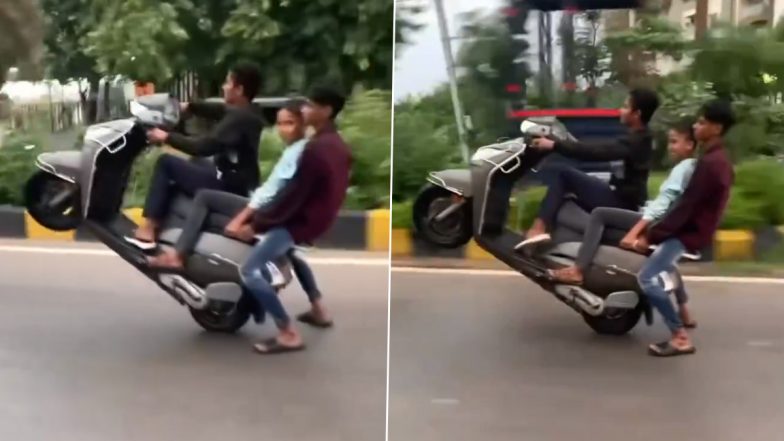 Boys Dangerously Ride Scooter in Viral Video: Clip of Allegedly Three Minors Performing Wild Stunts on Road in City Raises Questions Over Safety, Irresponsible Act Irks Netizens (Watch)