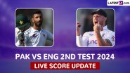 PAK 359/9 in 118 Overs | Pakistan vs England Live Score Updates of 2nd Test 2024 Day 2: Brydon Carse Castles Aamer Jamal to Complete Three Wicket