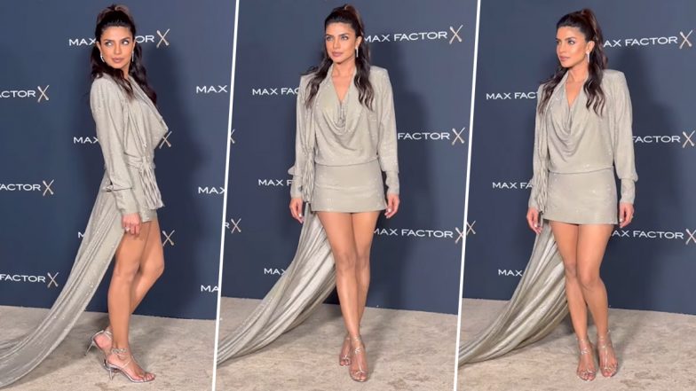 Priyanka Chopra Slays in a Chic Grey Mini Dress With Cowl Neckline and Train (Watch Video)