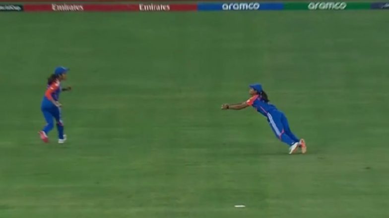 Radha Yadav Pulls Off Stunning Catch To Dismiss Vishmi Gunaratne During IND-W vs SL-W ICC Women's T20 World Cup 2024 (Watch Video)