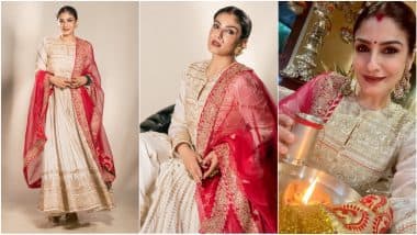 Raveena Tandon's Karwa Chauth 2024 Look Photos: Actress Stuns in Beige Anarkali Suit With Red Dupatta, Celebrates Karva Chauth at Anil and Sunita Kapoor's Residence