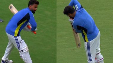 Rishabh Pant Spotted Practising Batting During Tea Break on Day 3 of IND vs NZ 1st Test 2024 After Suffering Knee Injury (Watch Video)