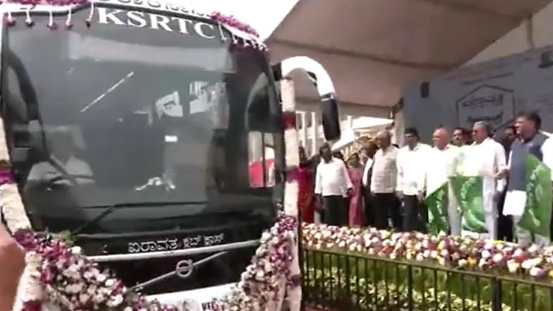 Airavat Club Class Bus Launch in Karnataka: Chief Minister Siddaramaiah, Deputy CM DK Shivakumar Flag Off 20 New Airavata Club Class 2.0 Buses in Bengaluru (Watch Video)