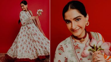 Sonam Kapoor Mesmerises in Ethnic Wear, Actress Sets Festive Fashion Goals in Stunning Red and White Anarkali Set (View Pictures)