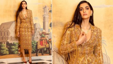 Sonam Kapoor Dazzles in Bright Gold Ensemble, Actress Makes a Chic Style Statement in Skirt and Suit Set (View Pictures)