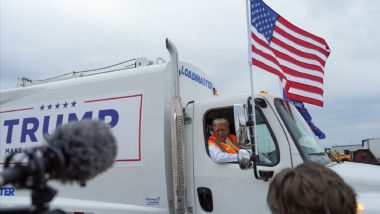 'How Do You Like My Garbage Truck?': Donald Trump Takes Jibe at Joe Biden's 'Garbage' Comment by Riding Garbage Truck in Wisconsin (Watch Videos)