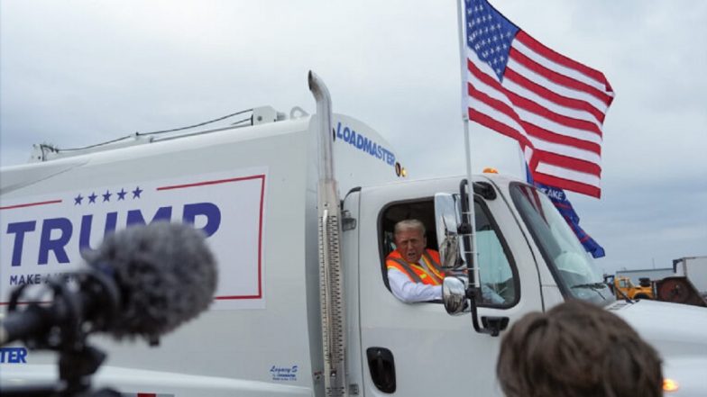 Donald Trump Dons Orange-Yellow Safety Vest, Boards Garbage Truck to Draw Attention to Joe Biden's 'Garbage' Remark in Wisconsin (Watch Videos)