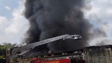 Lucknow Fire: Massive Fire Engulfs Electric Warehouse in Madiyaon Area, 12 Fire Tenders To Rescue (Watch Videos)