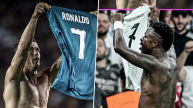 Vinicius Jr Performs Cristiano Ronaldo's Iconic Shirt Celebration After Scoring First-Ever UCL Hat-Trick During Real Madrid vs Borussia Dortmund UEFA Champions League 2024–25 Match, Pic Goes Viral