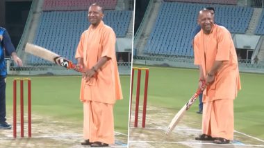 Lucknow: Uttar Pradesh CM Yogi Adityanath Plays Cricket, Flaunts His Batting Skills After Inaugurating Akhil Bhartiya Cricket Tournament (Watch Video)