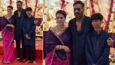 Navratri 2024: Ajay Devgn and Kajol Seek Blessings at Durga Puja Pandal With Son Yug (Watch Video)