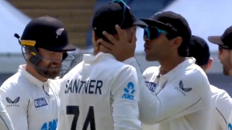 Rachin Ravindra Displays Brotherly Love To Mitchell Santner During IND vs NZ 2nd Test 2024 After Latter Runs Rishabh Pant Out (Watch Video)