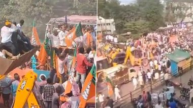 Maharashtra Assembly Elections Results 2024: BJP Workers Celebrate Girish Mahajan's Victory in Jamner with Grand Procession of JCBs and Tractors (Watch Video)