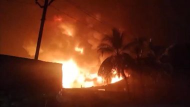 Amroha Fire: Short Circuit Sparks Massive Blaze at Cotton Waste Factory in UP’s Nagar Kotwali Area, Firefighters on Site (Watch Video)