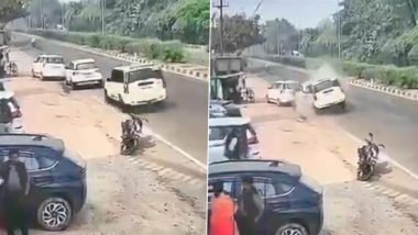 Uttar Pradesh Road Accident: Speeding Scorpio Crashes into Two Parked Vehicles After Losing Control in Bareilly, CCTV Footage Surfaces