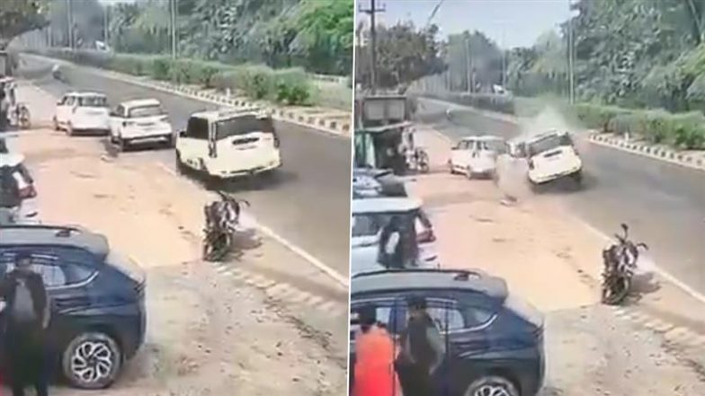 Uttar Pradesh Road Accident: Speeding Scorpio Crashes into Two Parked Vehicles After Losing Control in Bareilly, CCTV Footage Surfaces