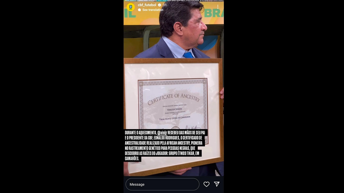 Vinicius Jr Receives Certificate of Ancestry (Photo Credit: Instagram/CFB)