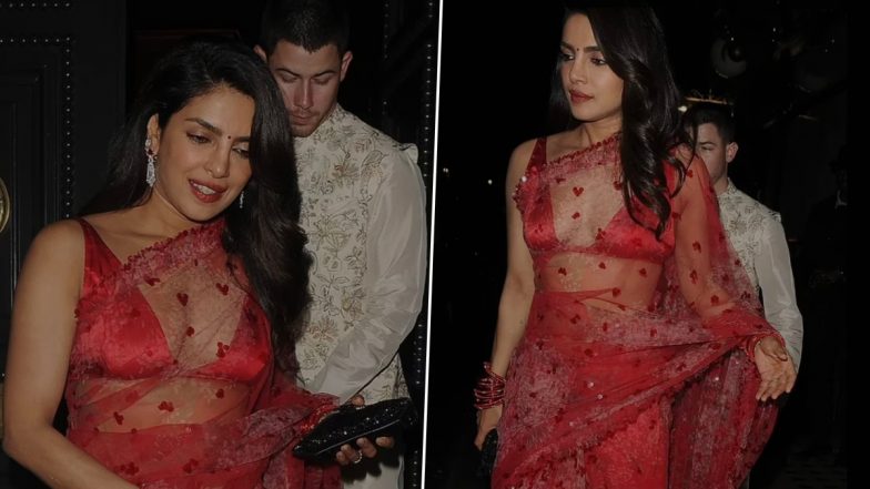 Priyanka Chopra and Nick Jonas Celebrate Diwali 2024 in London; Actress Dazzles in Red Sabyasachi Saree Paired With Sexy Blouse (See Pics)