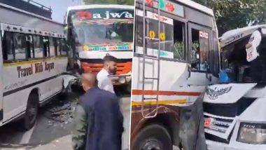 Jammu and Kashmir Road Accident: Several Injured As 2 Passenger Buses Collide Head-On in Reasi (Watch Video)