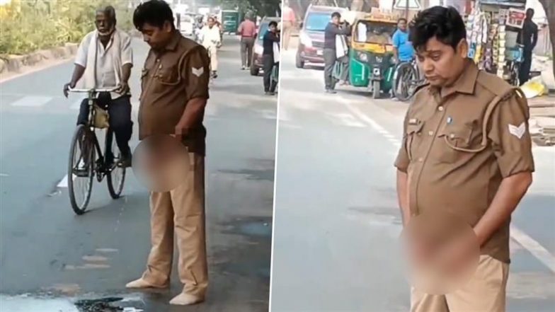 Agra: Drunk Cop Caught on Camera Urinating on Road Outside Police Station in Uttar Pradesh, Suspended After Video Goes Viral