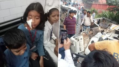 Lucknow School Van Accident: 17 Students Injured in Collision with Auto-Rickshaw at Alam Bagh (Watch Videos)