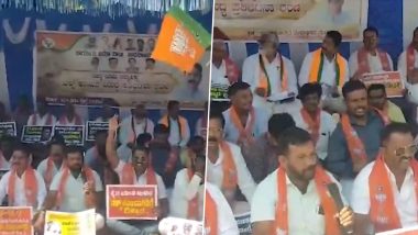 Karnataka: BJP Stages Massive Protest in Chamarajanagar, Demands Resolution of Waqf Issue and Restoration of BPL Cards (Watch Video)