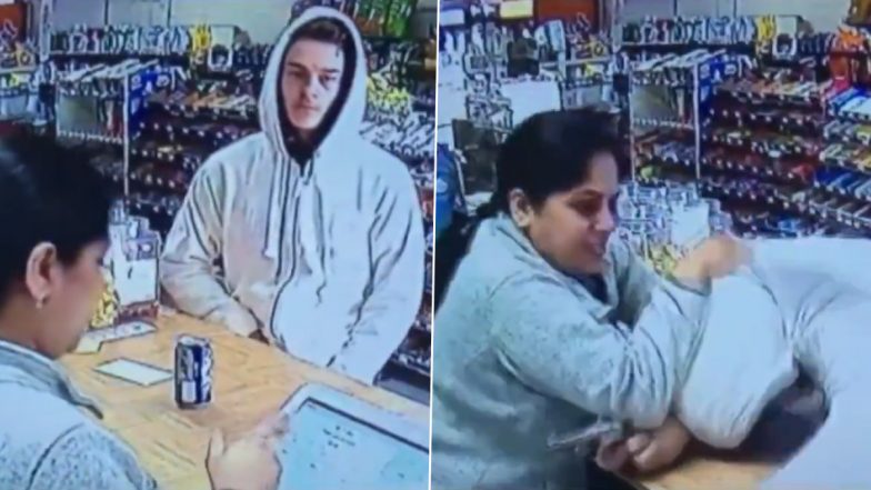 Indian Woman Bravely Fights Off Armed Robber in US: Old Viral Video Shows Store Owner Slaps the Gun, Beats Robber and Chases Him With Hammer in Courageous Move