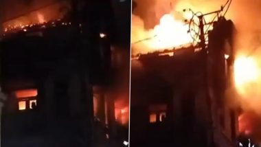 Bhavnagar Godown Fire: Massive Blaze Erupts Inside Building in Gujarat’s Randanpuri Market, Video Shows Plumes of Smoke Emanating