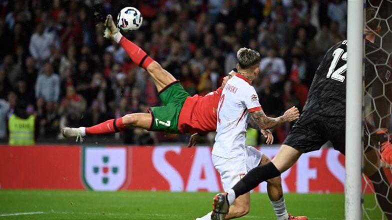 Cristiano Ronaldo Goal Video: Watch Cr7 Netting Amazing ‘Bicycle Kick Goal’ During Portugal vs Poland UEFA Nations League 2024-25 Match