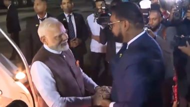 PM Narendra Modi Lands in Guyana, Received by President Mohamed Irfaan Ali (See Pics and Video)